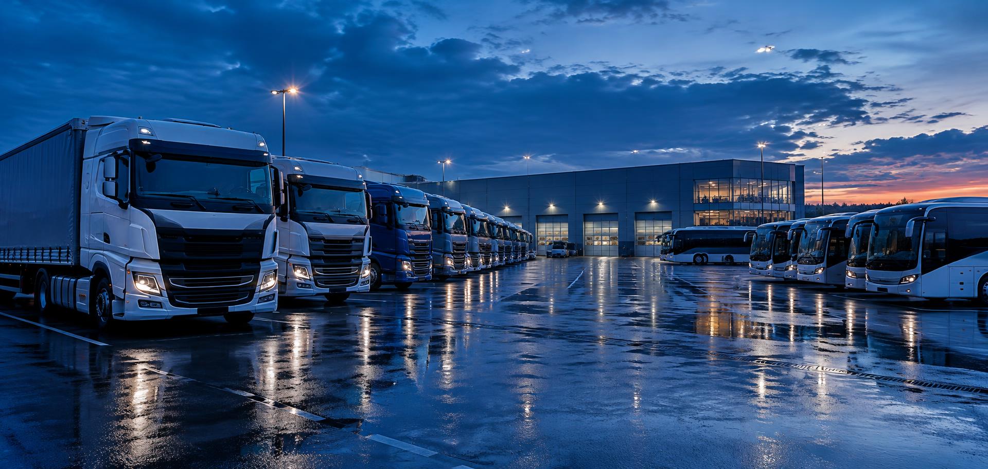 Flota de camiones y buses en una instalación industrial