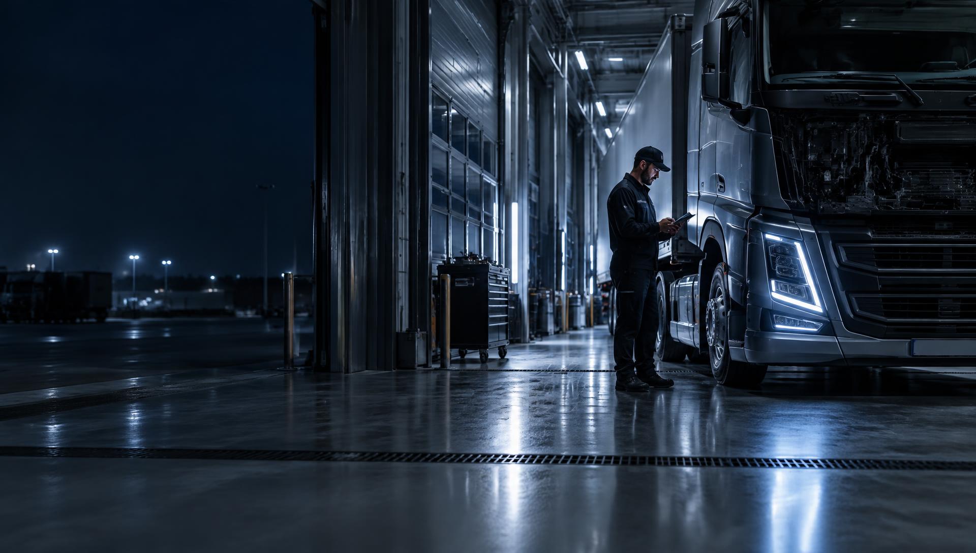 Técnico inspeccionando un camión en un centro de mantenimiento moderno