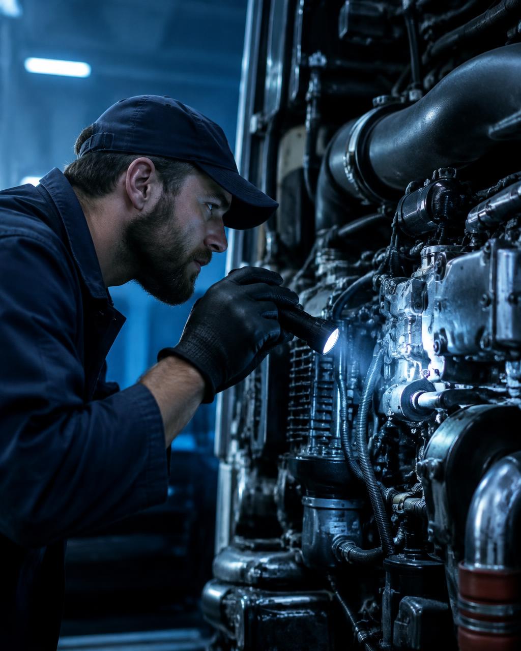 Mecánico inspeccionando un motor industrial