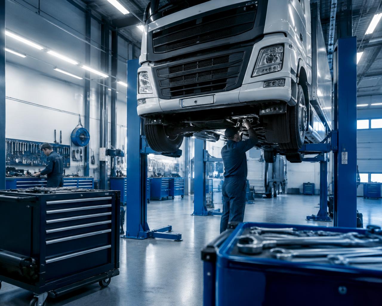 Técnicos trabajando en un taller de vehículos pesados